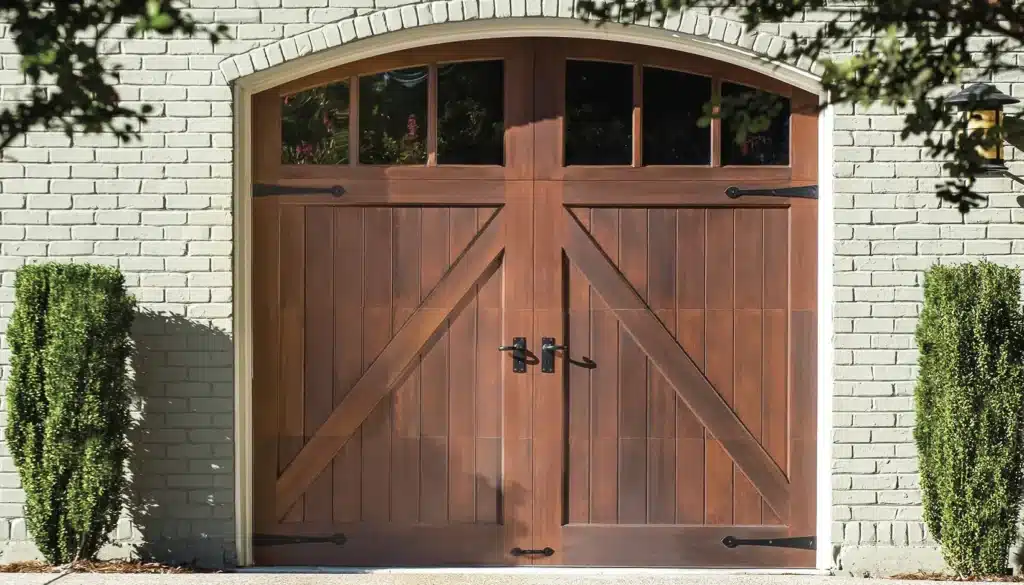 Wood carriage style garage door installation – C.H.I. Overlay Carriage Collection by Ben Garage Doors LLC