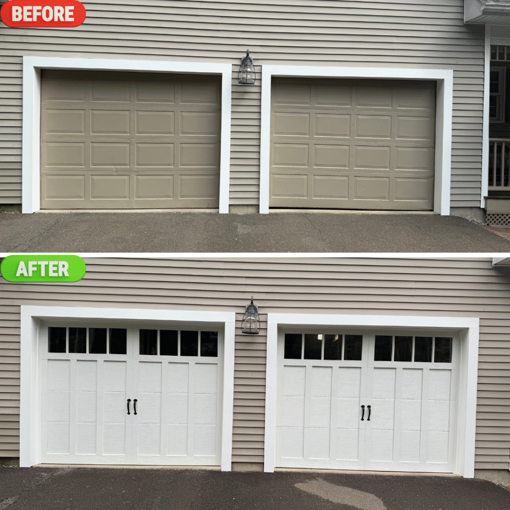 Before and after premium installation of two separate high-end garage doors by Ben Garage Doors LLC
